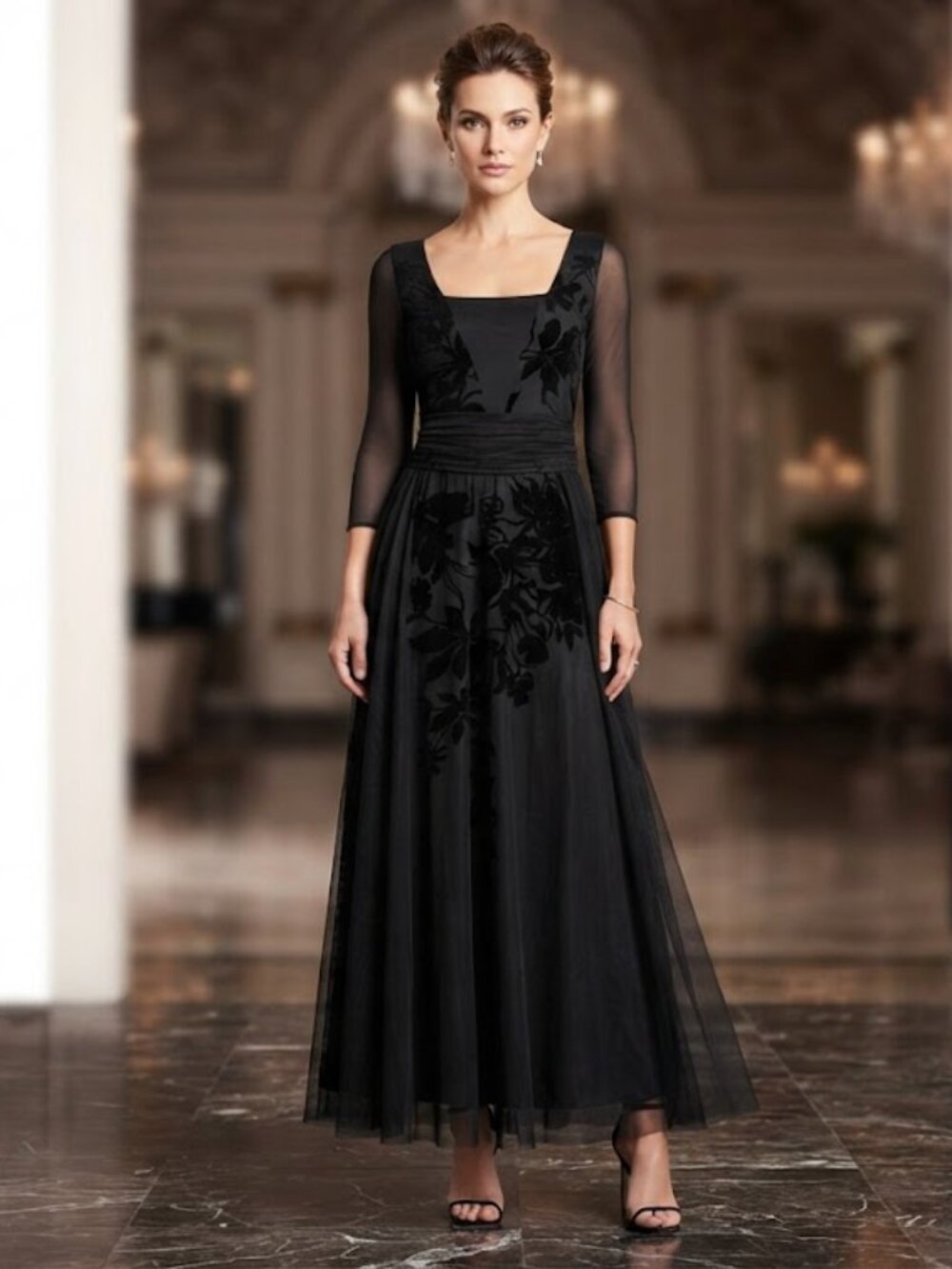 Chiara Boni La Petite Robe Couture Black Velvet Floral Tulle Gown Maxi Dress